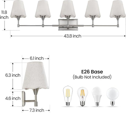 Brushed Nickel Bathroom Vanity Light: 5 Light Vanity Lighting Fixtures with Flared Fabric Shade, Modern Bathroom Lighting Fixtures over Mirror, Wall Sconce Lights for Bedroom Hallway Living Room