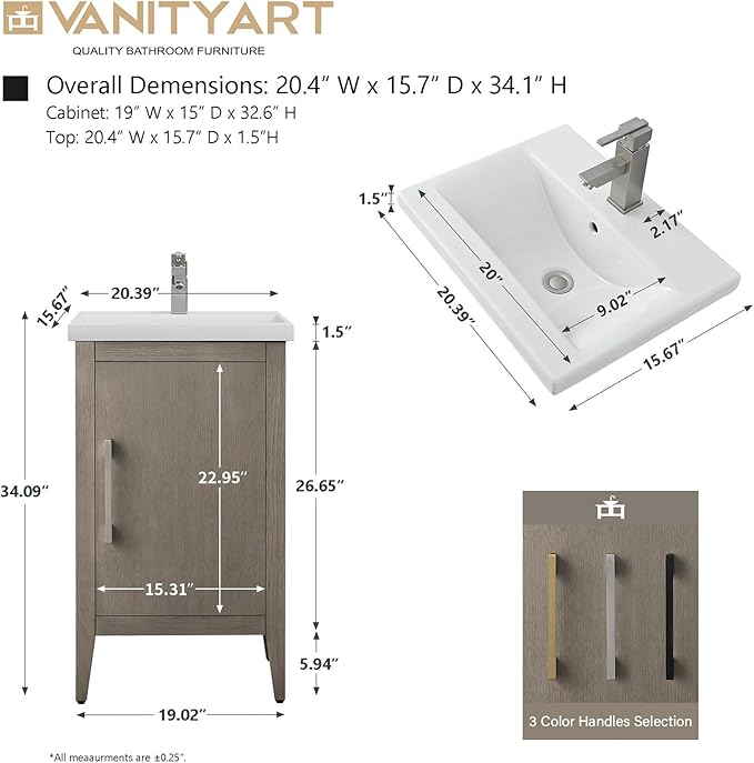 Vanity Art 20 inch Bathroom Vanity with Single Sink & Ceramic Top, Vanity Cabinet with Soft-Closing Doors, Solid Wood Frame, Driftwood Gray, VA9020-DG-GB1