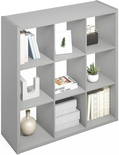 Furinno Simple Cube Storage Organizer, 9-Cube Display Shelf, Open Back Shelving Unit, Storage Shelves, Extra Thick Frame, for Organization and Storage, Living Room, Home Office, Light Grey