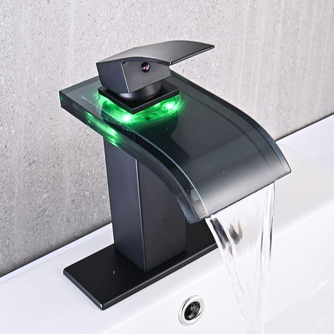 LED Bathroom Sink Faucet, Matte Black Waterfall Single Hole Handle Vanity Faucets for Sinks 1 Hole with Metal Pop Up Drain and 2 Water Supply Lines, Wide Glass Spout