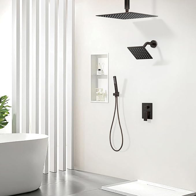Rain Shower System 12" & 6" Dual Shower Heads Ceiling Shower Faucet Set | Ideal for bathroom remodels and upgrades with 12" rain shower, 6" angled shower, handheld spray and complete valve kit.