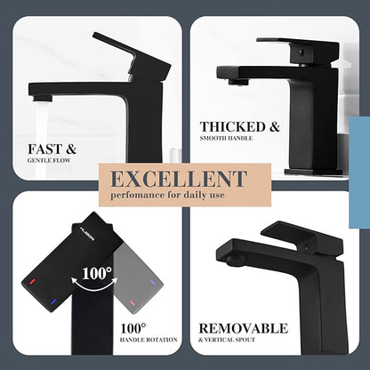 Single Hole Bathroom Faucet, 1-Handle Bathroom Sink Faucet with Pop-Up Drain, Stainless Steel Matte Black for Modern Bath/Vanity
