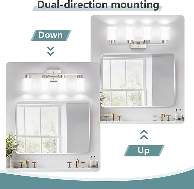 Brushed Nickel Bathroom Light Fixtures, 4-Light Modern Vanity Lights with Milky White Frosted Glass Shades, Wall Sconces for Mirror, Bathroom, Restroom (E26 Socket)