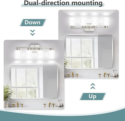 Brushed Nickel Bathroom Light Fixtures, 4-Light Modern Vanity Lights with Milky White Frosted Glass Shades, Wall Sconces for Mirror, Bathroom, Restroom (E26 Socket)