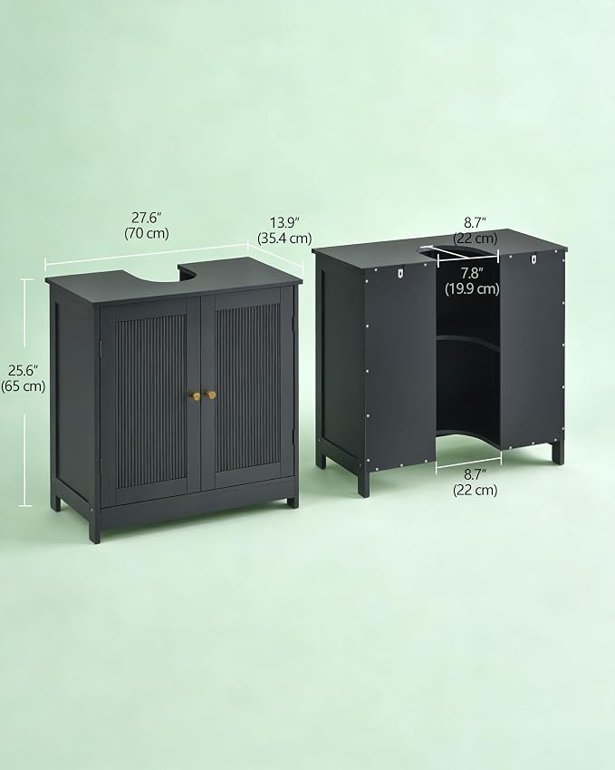 Bathroom Vanity Sink Cabinet, Under Sink Storage Cabinet with 2 Doors, Waterproof Pedestal Sink Cabinet for Bathroom, Laundry Room, Kitchen, Black with Adjustable Shelf