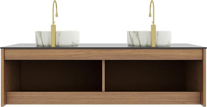 Bathroom Vanity with Double Sink, 60 Inch Floating Vanity with Vessel Sink, Wall-Mounted Plywood Bathroom Sink Cabinet with 4 Doors, Black Sintered Stone Countertop, Brown Oak