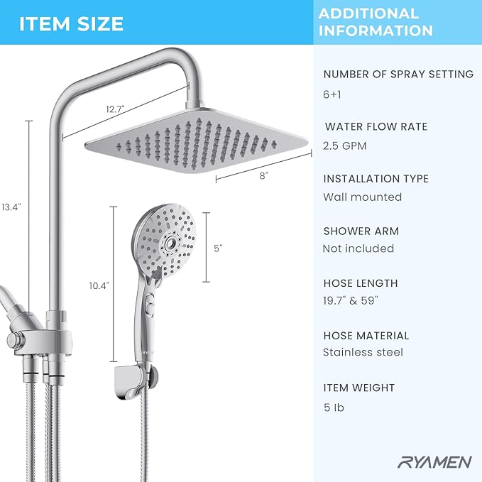 Dual Shower Head Combo, 8'' High Pressure Rain Shower Head with Handheld Spray, 6+1 Spray Settings Handheld Showerhead, Height Adjustable, One-touch Pause Button, Chrome Polished