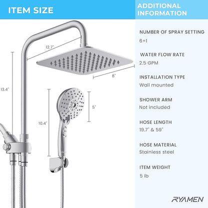 Dual Shower Head Combo, 8'' High Pressure Rain Shower Head with Handheld Spray, 6+1 Spray Settings Handheld Showerhead, Height Adjustable, One-touch Pause Button, Chrome Polished