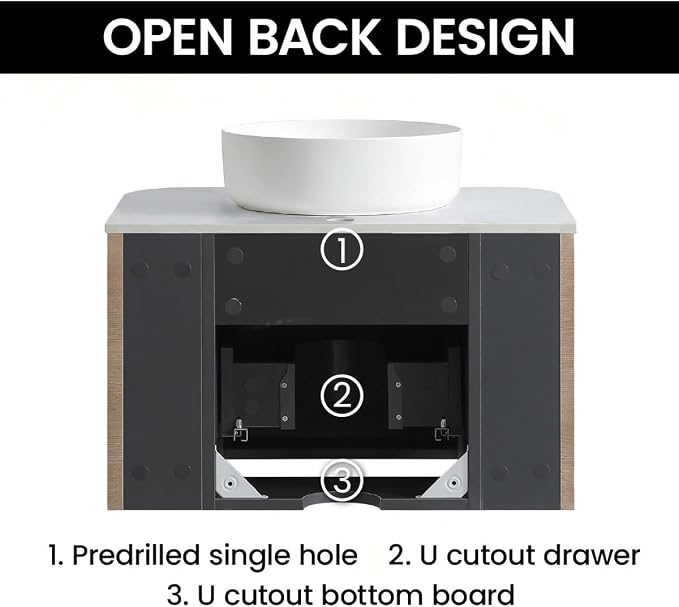 24" Preassembled Floating Bathroom Vanity with Round Sink, Oak | Mid-Century Modern Style, Fluted & Soft-Close Drawer with U-shaped Wall, Sinterted Stone Countertop, Towel Rack Included
