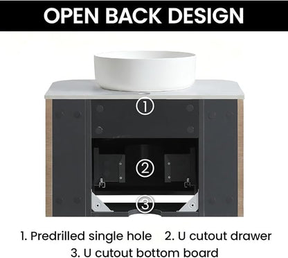 24" Preassembled Floating Bathroom Vanity with Round Sink, Oak | Mid-Century Modern Style, Fluted & Soft-Close Drawer with U-shaped Wall, Sinterted Stone Countertop, Towel Rack Included
