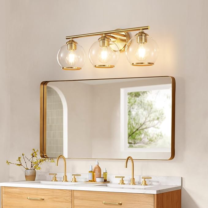 Brushed Gold Bathroom Vanity Light Over Mirror, 3 Light Bathroom Light Fixtures with Clear Globe Glass Shade, Modern Vanity Lighting Wall Mounted