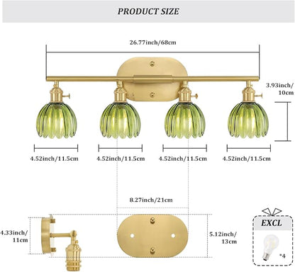 Shenmoyl Bathroom Light Fixtures, 4-Light Brass Vanity wall Light Over Mirror with Green Tulip Glass Shade for Bedroom Living Room (Bulb Not Included)