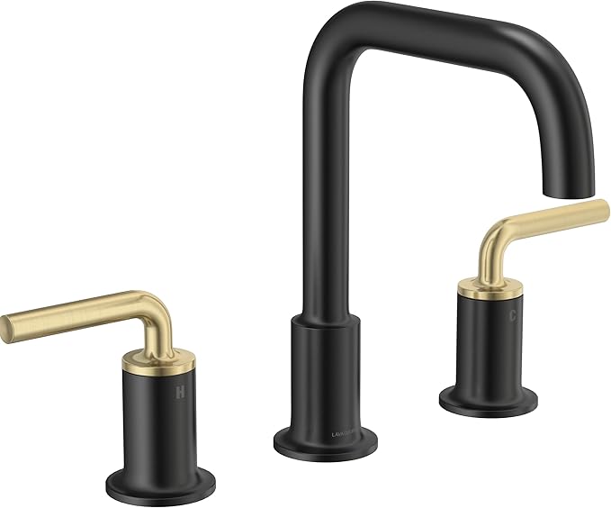 Black and Gold Bathroom Faucet, Modern Bathroom Faucet | 8 inch Widespread Bathroom Faucet 3 Hole with Drain Assembly Supply Line, Solid Brass Lead-Free Vanity Faucet, BF503-GB