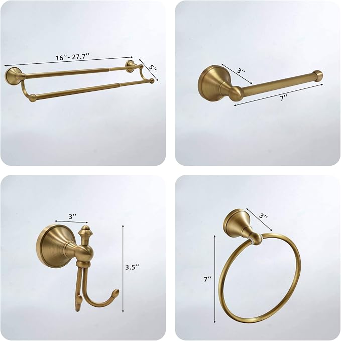 4 Piece Antique Brass Bathroom Accessories Set - 16"-27.7" Solid Brass Towel Rack, Double Vintage Towel Bar - Wall Mounted Antique Gold Bathroom Hardware