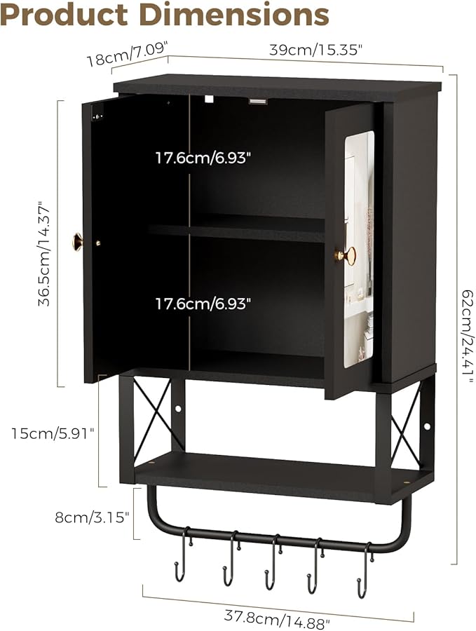 BEWISHOME Bathroom Medicine Cabinet Mirror with Towel Bar, Black | Wall Mounted Cabinet with Adjustable Shelf Hooks, Space-Saving Over-Toilet for Bathroom, Living Room, 7.1x15.4x24.4 Inches