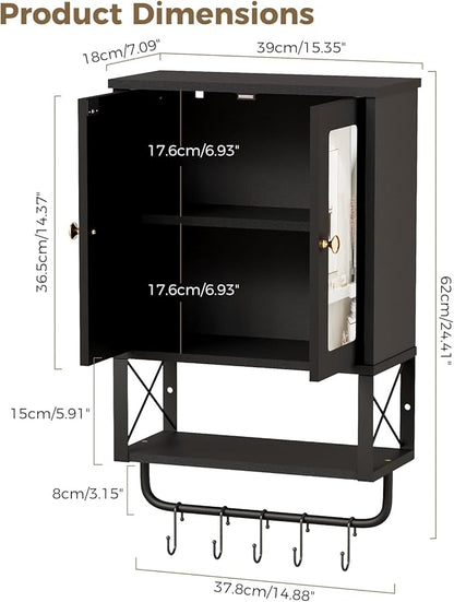 BEWISHOME Bathroom Medicine Cabinet Mirror with Towel Bar, Black | Wall Mounted Cabinet with Adjustable Shelf Hooks, Space-Saving Over-Toilet for Bathroom, Living Room, 7.1x15.4x24.4 Inches