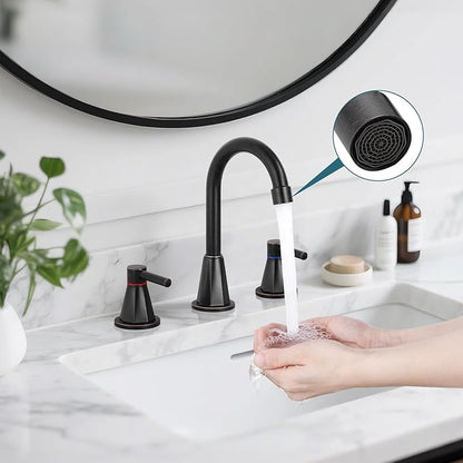 Bathroom Faucet 3 Hole,Oil Rubbed Bronze Bathroom Sink Faucet with 360°Swivel Spout, 8 inch Widespread 2 Handle Faucet for Bathroom Sink Vanity RV with Pop-up Drain Supply Line Stainless Steel