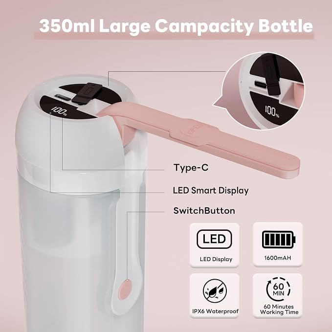 Portable Electric Bidet for Travel with 180° Adjustable Nozzle, Strong Water Pressure- Handheld Rechargeable USB-C Bidet,350ml Waterproof Personal Hygiene Cleaner for Postpartum Women, Camping (Pink)