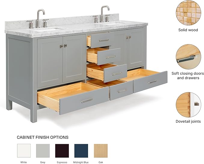 ARIEL Cambridge 72-inch Bathroom Vanity with Sink,Solid Wood, 1.5-inch Italian Carrara Marble Countertop, Double Rectangular Porcelain Sink, 4 Soft Closing Doors, 6 Dovetail Drawers, Grey