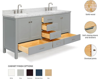 ARIEL Cambridge 72-inch Bathroom Vanity with Sink,Solid Wood, 1.5-inch Italian Carrara Marble Countertop, Double Rectangular Porcelain Sink, 4 Soft Closing Doors, 6 Dovetail Drawers, Grey
