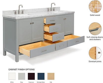 ARIEL Cambridge 72-inch Bathroom Vanity with Sink,Solid Wood, 1.5-inch Italian Carrara Marble Countertop, Double Rectangular Porcelain Sink, 4 Soft Closing Doors, 6 Dovetail Drawers, Grey