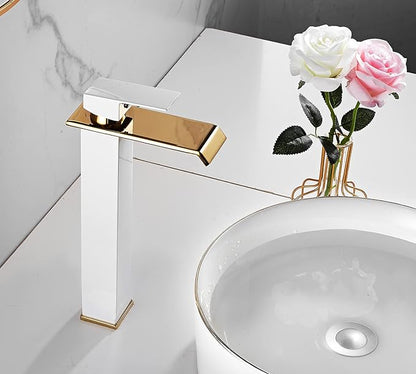 Bathroom Vessel Sink Faucet White Gold Waterfall Single Handle One Hole Bowl Sink Faucet Vanity Lavatory Faucets Tall Bath Deck Mount Basin Tap Supply Lines Hose Commercial
