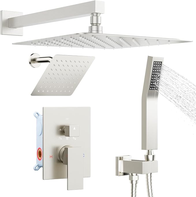 Shower System Shower Faucet Set, STARBATH 12"+6" Wall Mount Rain Shower Head and Handheld Spray for Two Person, Rainfall Shower System with Diverter Valve and Trim Kit Complete,Brushed Nickel