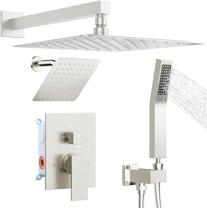 Shower System Shower Faucet Set, STARBATH 12"+6" Wall Mount Rain Shower Head and Handheld Spray for Two Person, Rainfall Shower System with Diverter Valve and Trim Kit Complete,Brushed Nickel