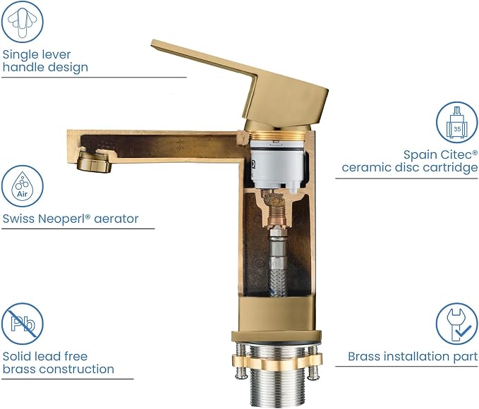 Solid Brass Single Handle Bathroom Sink Faucet with Pop-Up Drain, High Arc Cubic Spout Lavatory Faucet in Brushed Brass, Corrosion-Resistant, Modern Design