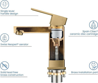 Solid Brass Single Handle Bathroom Sink Faucet with Pop-Up Drain, High Arc Cubic Spout Lavatory Faucet in Brushed Brass, Corrosion-Resistant, Modern Design