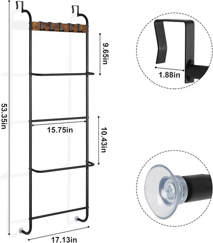 Over the Door Towel Rack Over The Door Towel Bar for Bathroom | Back of Door Towel Rack, 5 Tier Over The Door Towel Bar with Hooks, Black Door Rack Hanger, Stable Suction Cup Design