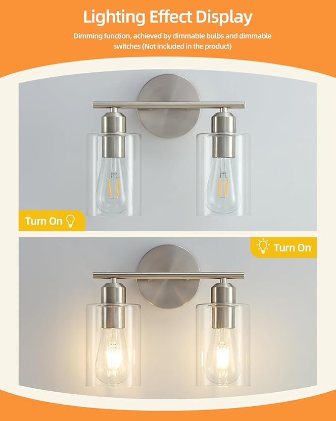 Bathroom Light Fixtures, 2-Light Brushed Nickel Vanity Lights, Modern Bathroom Lighting Fixtures Over Mirror with Clear Glass Shade, Wall Sconce Lighting for Bedroom Living Room
