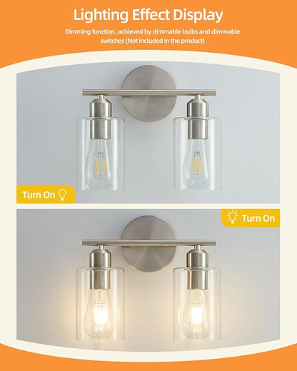 Bathroom Light Fixtures, 2-Light Brushed Nickel Vanity Lights, Modern Bathroom Lighting Fixtures Over Mirror with Clear Glass Shade, Wall Sconce Lighting for Bedroom Living Room