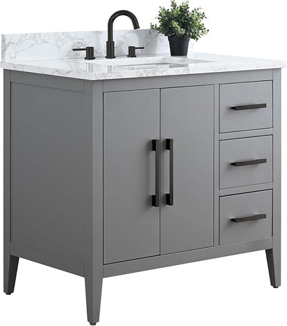 HomeBeyond 36 Inch Bathroom Vanity with Sink & Ceramic Top, Single Vanity Cabinet with Basin, Soft-Closing Doors & Matte Black Hardware, Grey