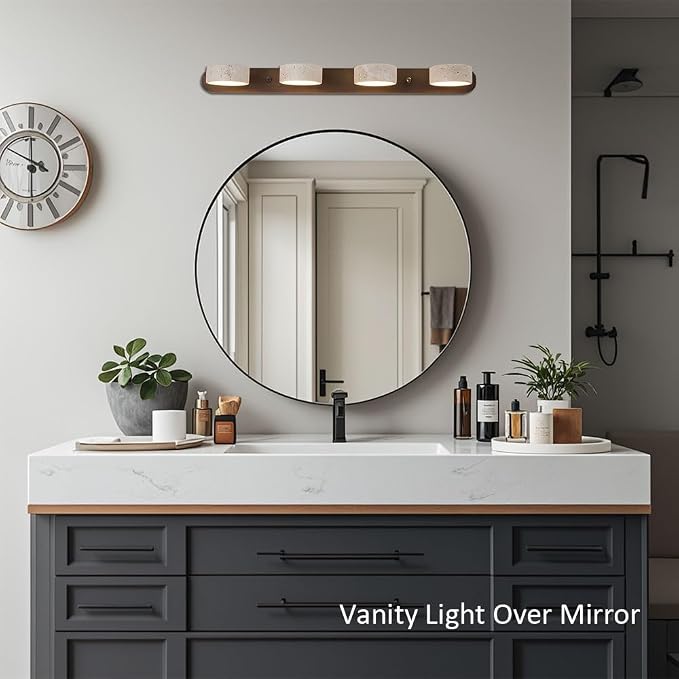 Yellow Travertine Vanity Light, 27.6" Wabi Sabi Modern Wooden Bathroom Light 360° Rotatable Natural Stone Lampshade Wall Lighting Fixture Over Mirror for Bathroom Farmhouse Home Decor (4 Lights)