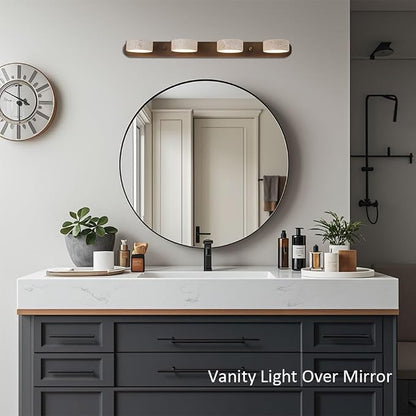 Yellow Travertine Vanity Light, 27.6" Wabi Sabi Modern Wooden Bathroom Light 360° Rotatable Natural Stone Lampshade Wall Lighting Fixture Over Mirror for Bathroom Farmhouse Home Decor (4 Lights)