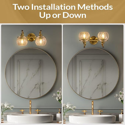 Gold Bathroom Light Fixtures, 2-Light Brass Vanity Light, Modern Sconces with Globe Clear Lampshade, Farmhouse Bathroom Lighting Fixtures Over Mirror with Metal Lamp Body, E26 Base