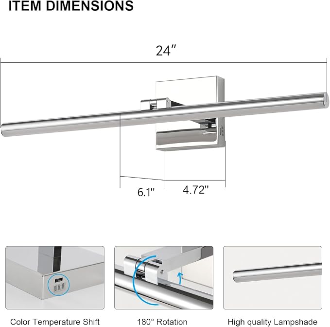 LED Bathroom Vanity Light, Modern Bathroom Light Fixture Over Mirror (3000K/4000K/6000K, Dimmable), Vanity Light Bar with Angle Adjustable, 24 Inch, Chrome