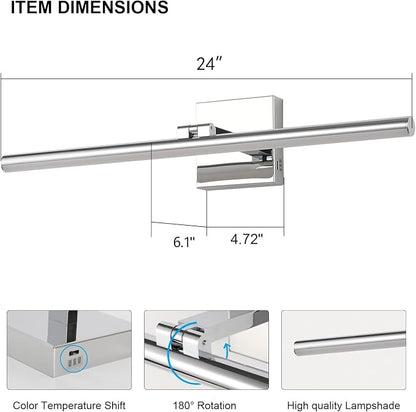 LED Bathroom Vanity Light, Modern Bathroom Light Fixture Over Mirror (3000K/4000K/6000K, Dimmable), Vanity Light Bar with Angle Adjustable, 24 Inch, Chrome