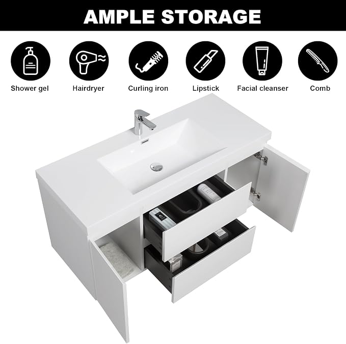 Pre-Assembled 48'' Wall Mounted Bathroom Vanity with Sink, Glossy White | Floating Bathroom Vanity with Single Sink, 2 Soft-Close Doors and 2 Drawers, Resin Integrated Sink, Easy to Install & Clean