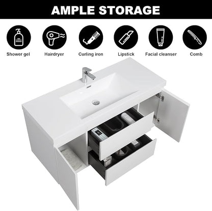 Pre-Assembled 48'' Wall Mounted Bathroom Vanity with Sink, Glossy White | Floating Bathroom Vanity with Single Sink, 2 Soft-Close Doors and 2 Drawers, Resin Integrated Sink, Easy to Install & Clean