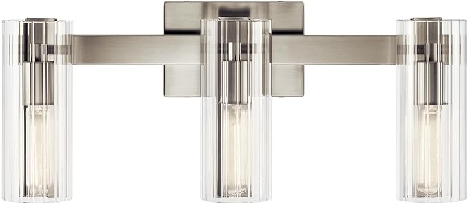 Kichler Jemsa 3 Light Vanity, Modern Light with Clear Fluted Glass in Brushed Nickel for Bathroom or Powder Room (9.75" x 22.75"), 55168NI