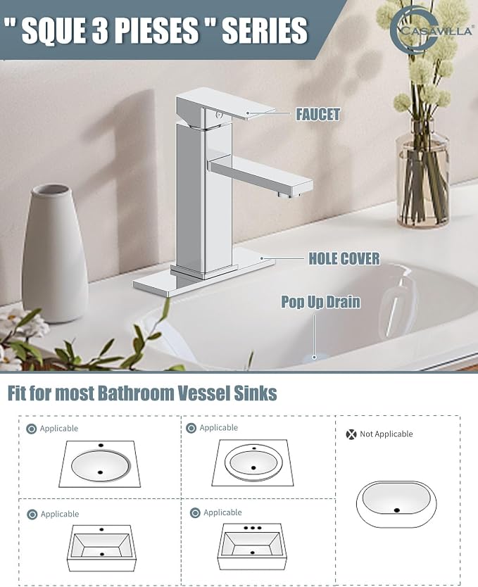Bathroom Faucet, Bathroom Sink Faucets with Pop-up Drain and Deck Plate, Single Hole Vanity Sink Faucet for Modern Farmhouse RV Vessel Sink (1~3 Holes), Chrome