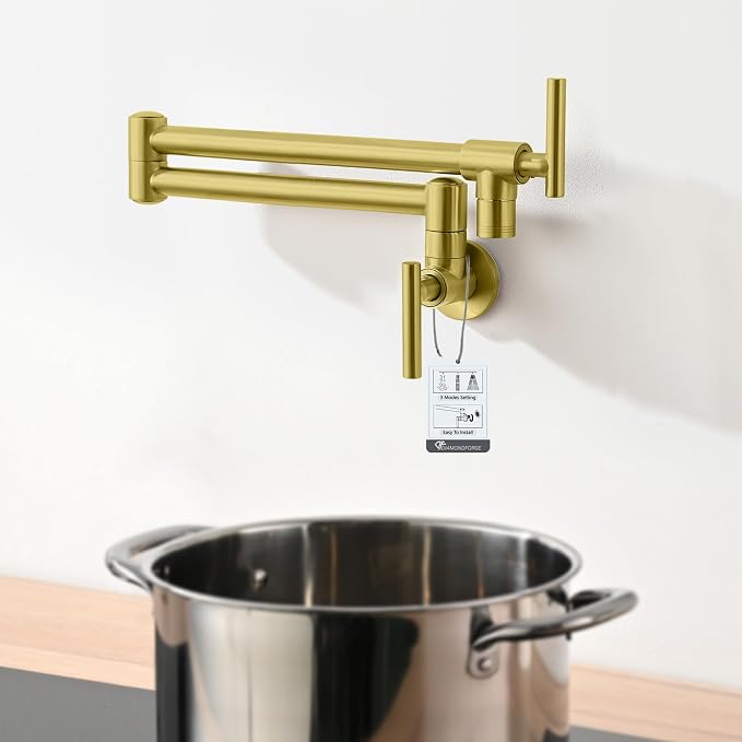 Pot Filler Faucets - for Kitchen, Sink, Stove and Bar with Brass Wall Mount Double Joint Swing Arms - Leak Free Designs with High-Flow Aerators - Retractable and Folding Save Space - Brushed Gold