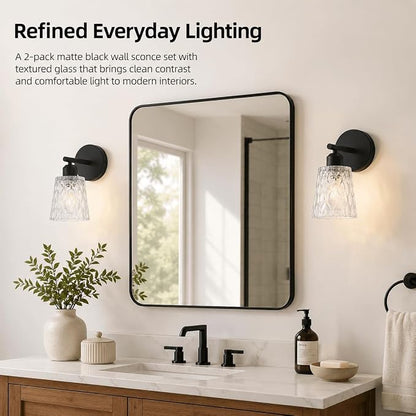 1-Light Black Bathroom Vanity Wall Sconces, 2-Pack Modern Fixtures with Textured Glass Shades and Stainless Steel Frame, E26 Sockets (Bulbs Not Included)
