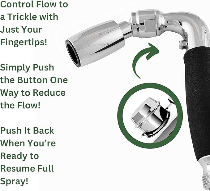 High Sierra® Solid Lead-Free Metal Handheld Shower Head, Built-in Trickle Valve, Patented single Nozzle Never Clogs. Shower Hose and Holder Not Included. High Pressure 2.0 GPM. Brushed Gold