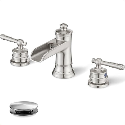 4-16 Inch Widespread Bathroom Faucet Brushed Nickel, Brass Waterfall Faucet for Bathroom Sink, 2 Handles with cUPC Water Hoses & Pop-Up Drain, 10 Mins Easy Installation, Saving Water, Modern