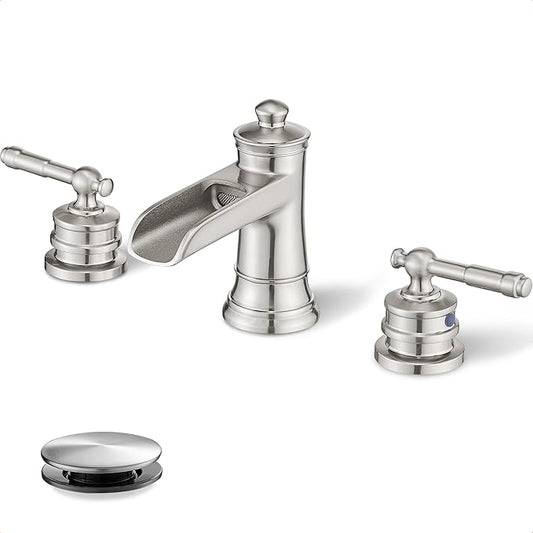 4-16 Inch Widespread Bathroom Faucet Brushed Nickel, Brass Waterfall Faucet for Bathroom Sink, 2 Handles with cUPC Water Hoses & Pop-Up Drain, 10 Mins Easy Installation, Saving Water, Modern