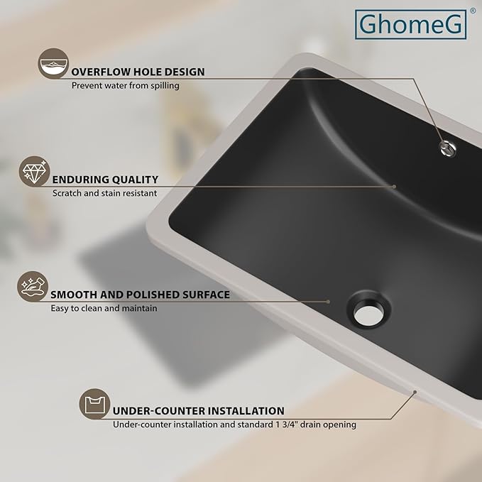 Undermount Bathroom Sink 20 x 14 inch Black Vessel Sink Rectangular Modern Ceramic Rectangle Vanity Art Basin with Overflow