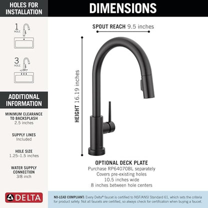 Delta Trinsic Touchless Kitchen Faucet with Touch Technology, Matte Black Kitchen Sink Faucet with Pull Down Sprayer, Single Hole, Matte Black 9159TL-BL-DST